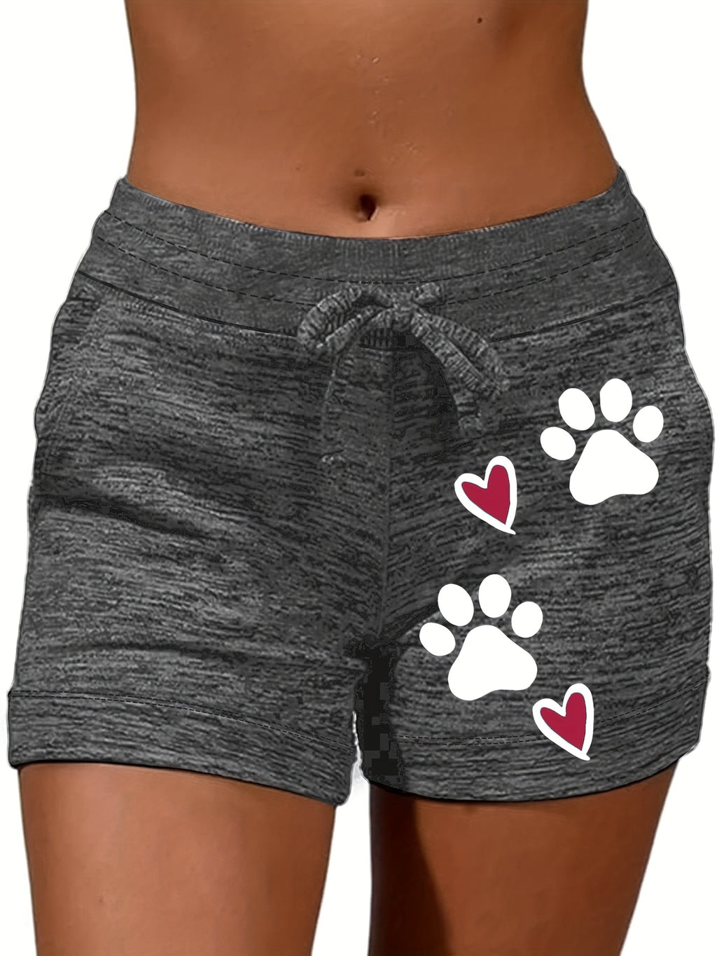 Women's Casual Drawstring Shorts with Paw Print & Heart Design - Gray Heathered Polyester Blend, Elastic Waistband, Slant Pockets, Perfect for Summer & Spring