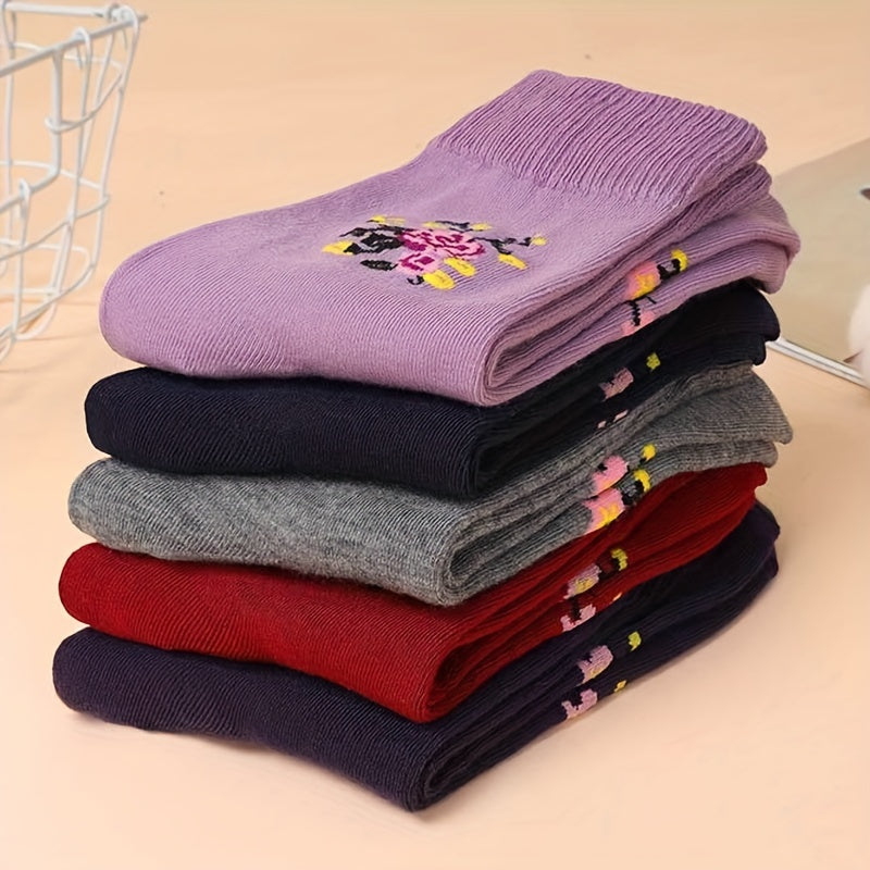 5 Pairs Floral Pattern Crew Socks, Warm Thick All-match Mid Tube Socks For Fall & Winter, Women's Stockings & Hosiery