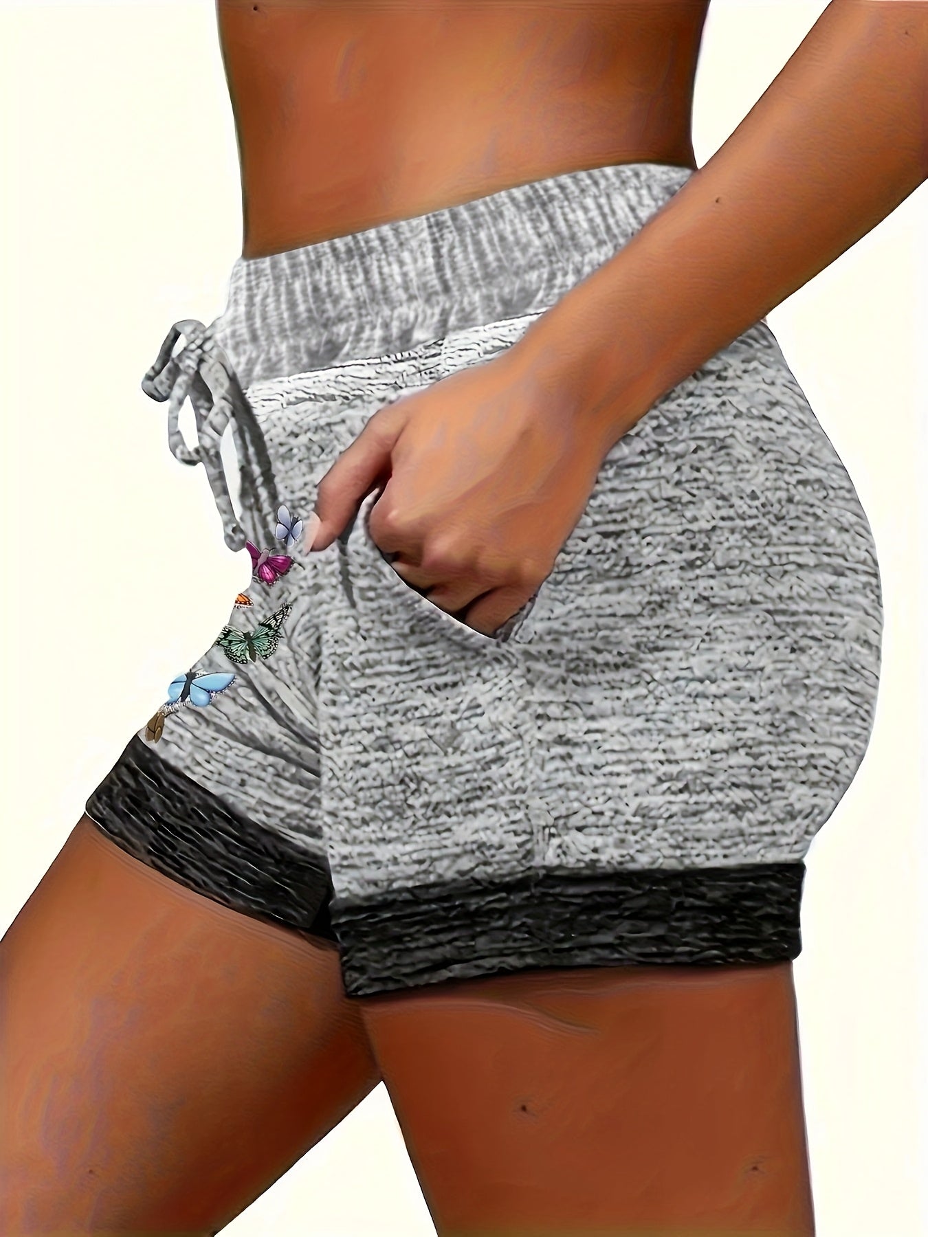 Women's Stretchy Casual Printed Shorts with Elastic Waistband, Drawstring, and Pockets - Comfortable Summer Sportswear Featuring Colorful Butterfly Design