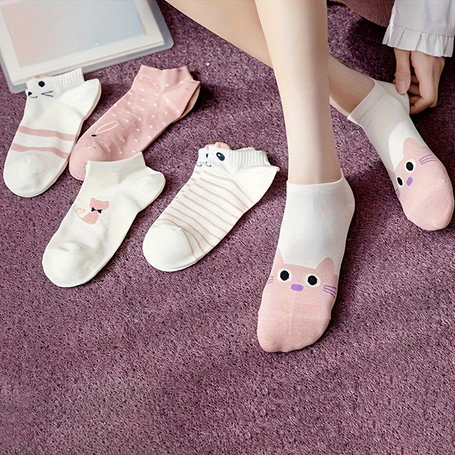 5 Pairs Women's Ankle Socks - Cute Cartoon Cat Design with Polka Dots, Stripes & Hearts - Soft Pink & White Short Socks for Everyday Casual Wear, Novelty Socks, Comfortable Knitwear