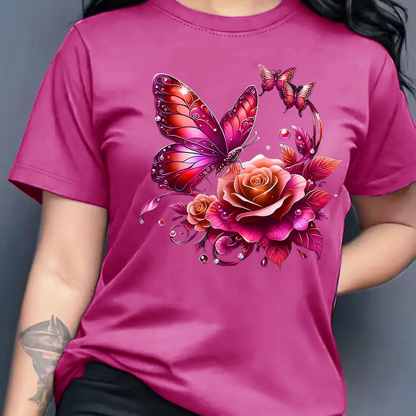 Women'S Casual Crew Neck T-Shirt with Purple Rose and Butterfly Graphic Print, Short Sleeve Regular Length Top for Spring and Summer, Ideal Birthday or Holiday Gift, Ladies T Shirts