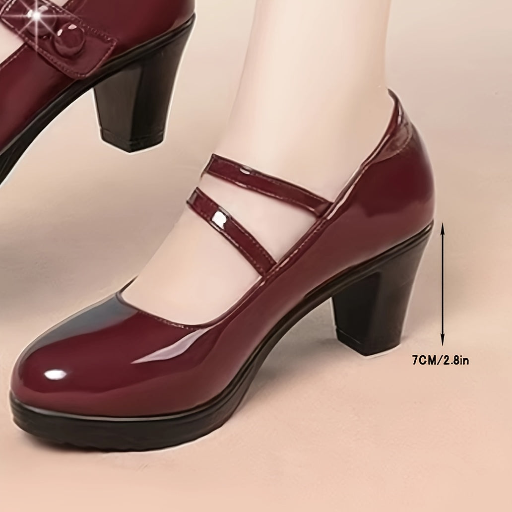 Women's Red Synthetic Cover Pumps - Round Toe, Chunky Heel, Double Buckle Straps, Glossy Finish, All-Season Fashion Dress Shoes