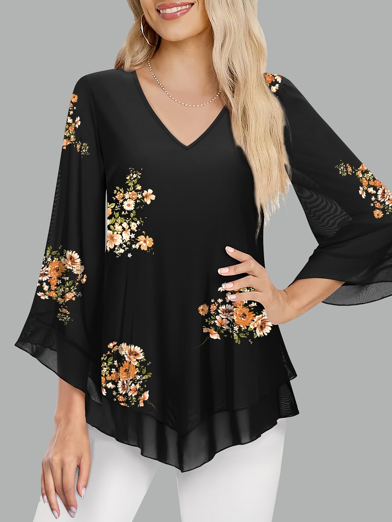Women's Floral Print V-Neck Blouse with 3\u002F4 Flared Sleeves - Double-Layer Elastic Mesh, Loose Fit Flowy Tunic Top for Casual & Work, Spring\u002FSummer Semi-Sheer Shirt, Ladies Blouses