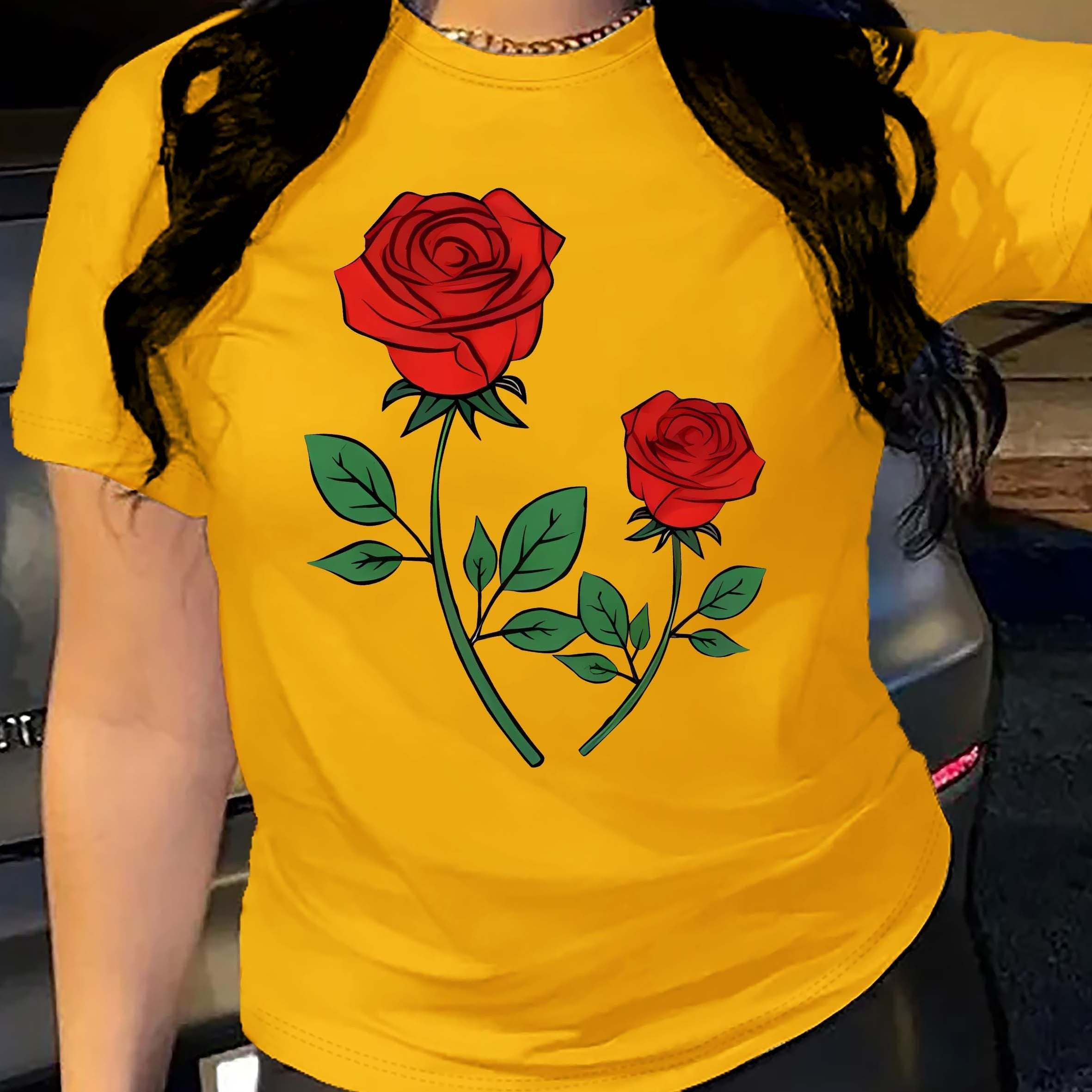 Rose Print Crew Neck T-Shirt, Casual Short Sleeve Top For Spring & Summer, Women's Clothing