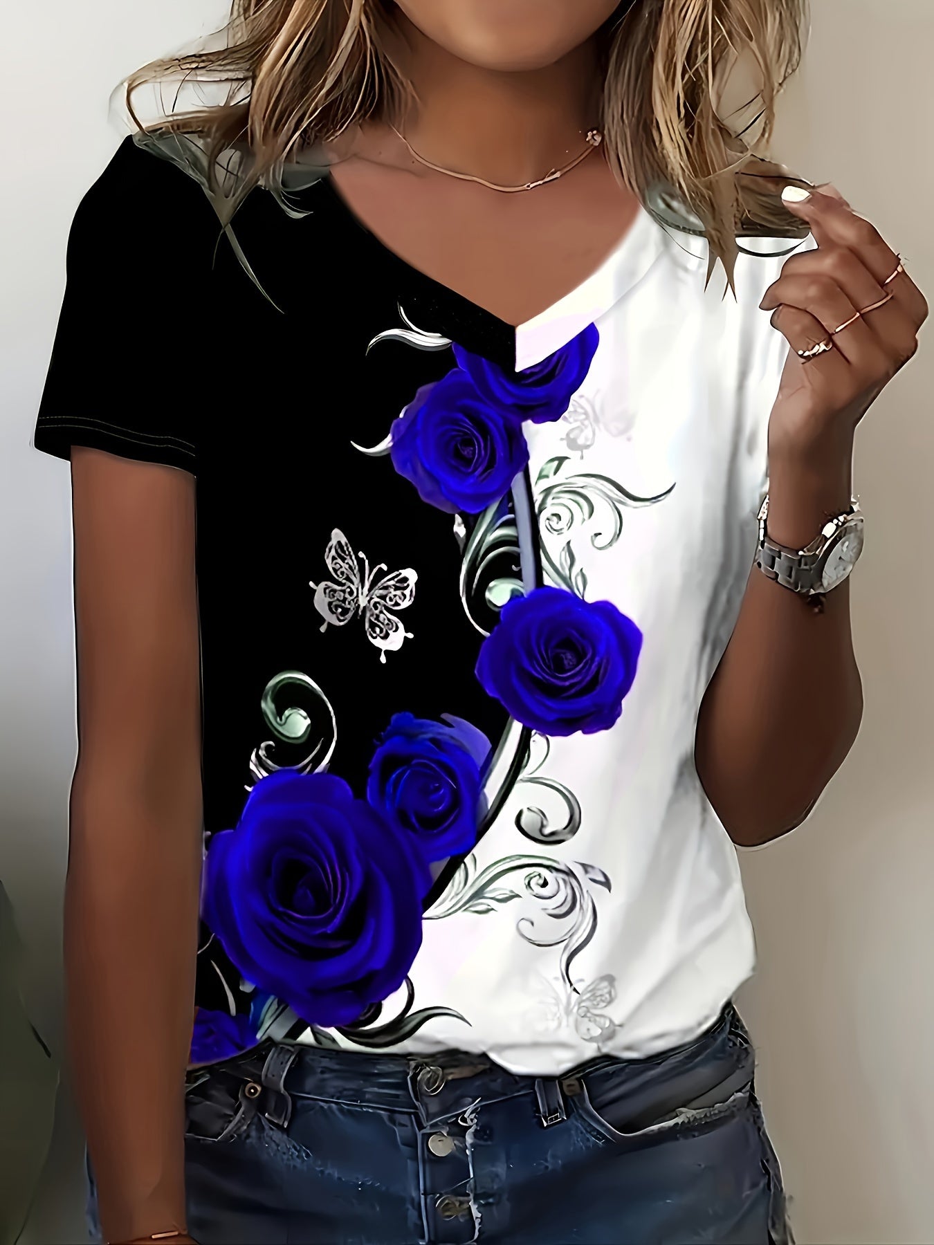 Roses Print V Neck T-Shirt, Elegant Color Block Short Sleeve T-Shirt For Summer, Women's Clothing