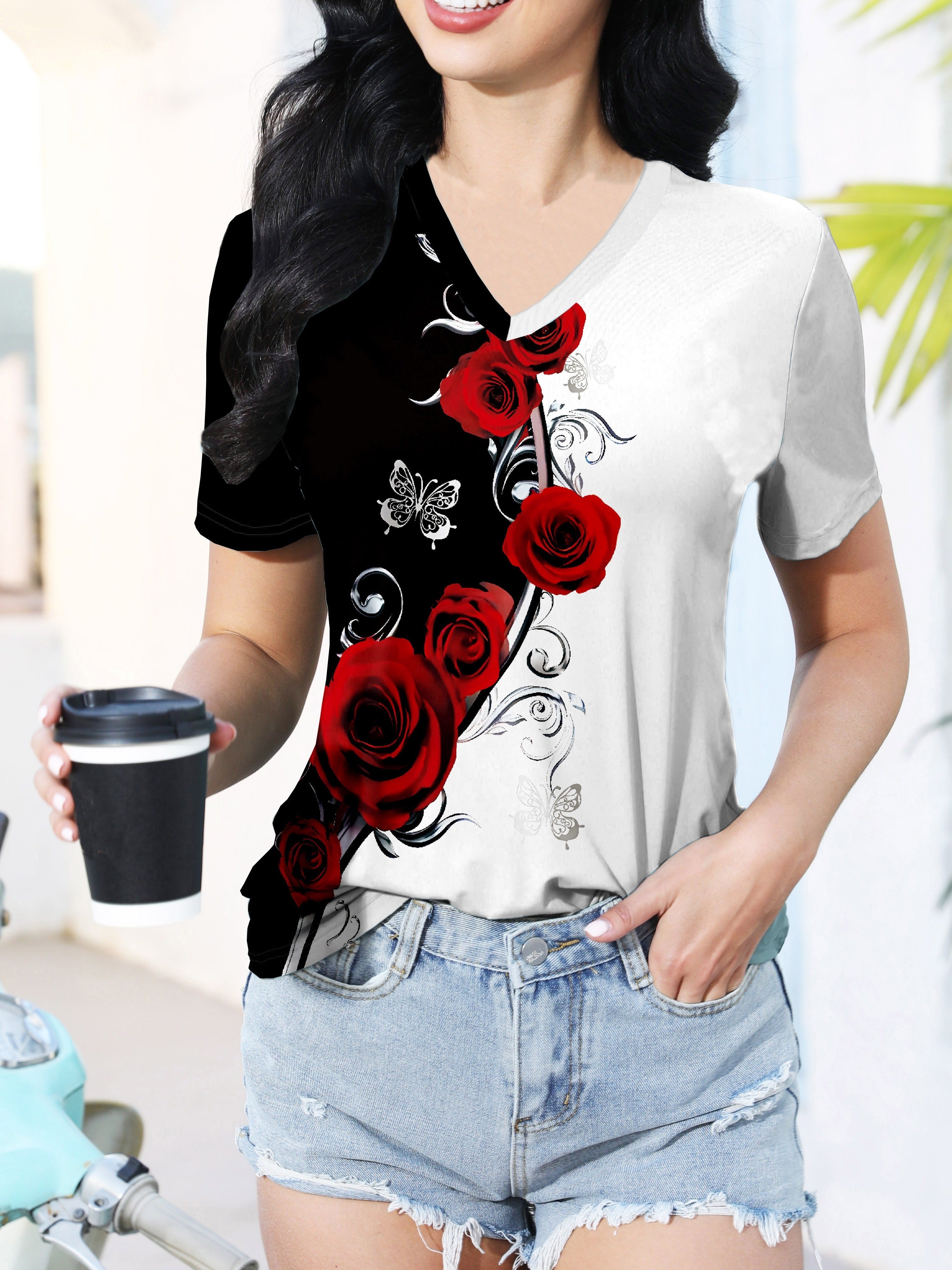 Roses Print V Neck T-Shirt, Elegant Color Block Short Sleeve T-Shirt For Summer, Women's Clothing
