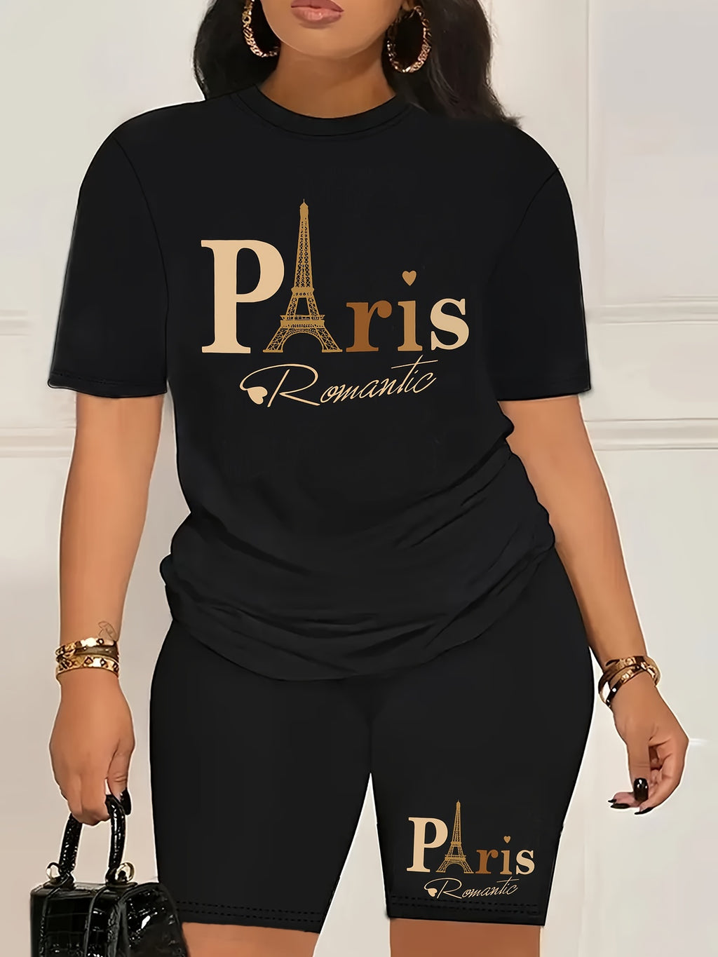Paris Print Casual Shorts Set, Crew Neck Short Sleeve T-shirt & Skinny Shorts Outfits, Women's Clothing