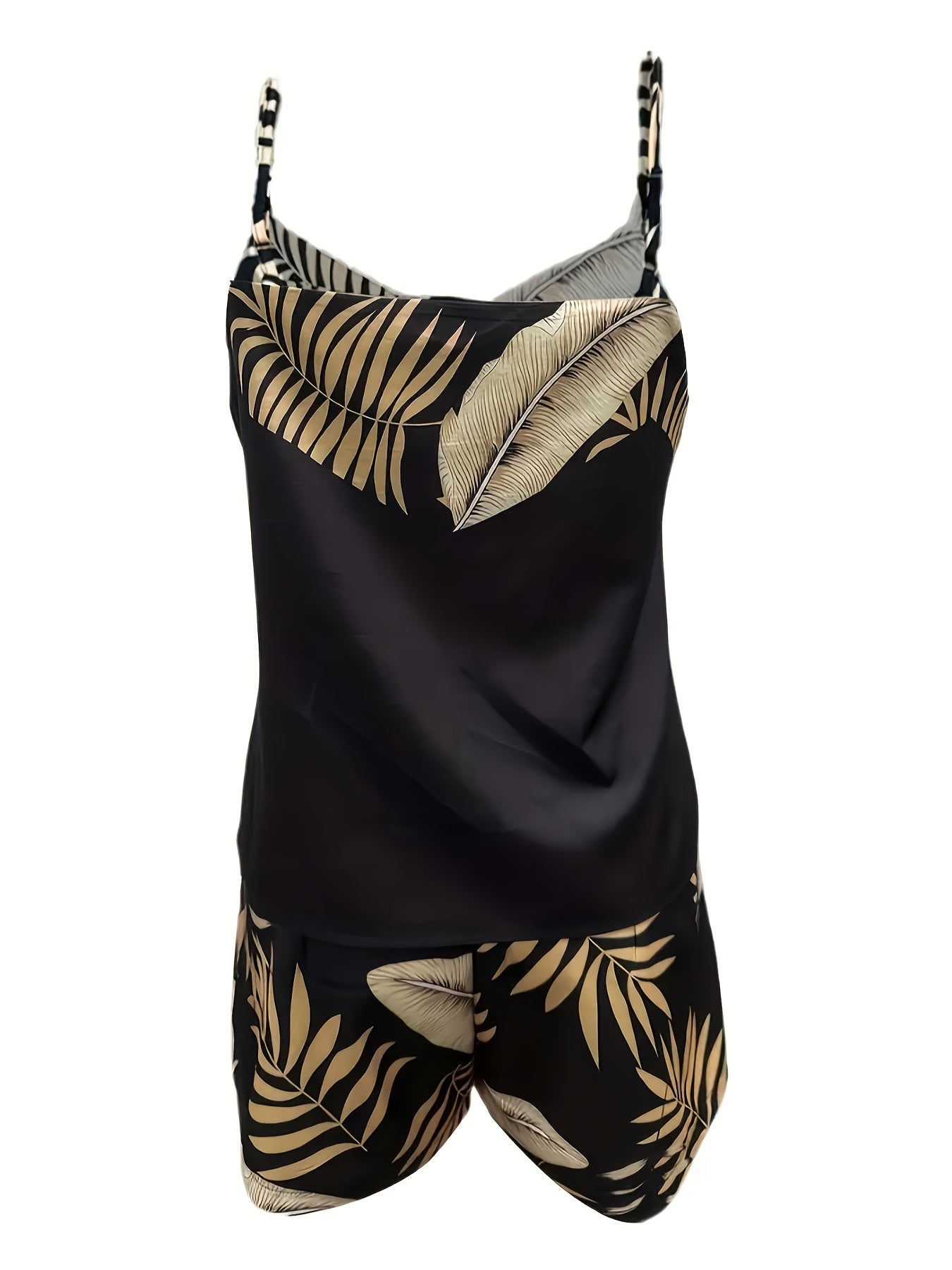 Women'S Tropical Print Two-Piece Casual Spring\u002FSummer Outfit - Sleeveless Strapless Top & High-Waisted Shorts, Vibrant Green & Black Leaf Design, Stylish Cut, Allseason Wear|Tropical Print Design|Stylish Cutout, Tropical Print Shorts