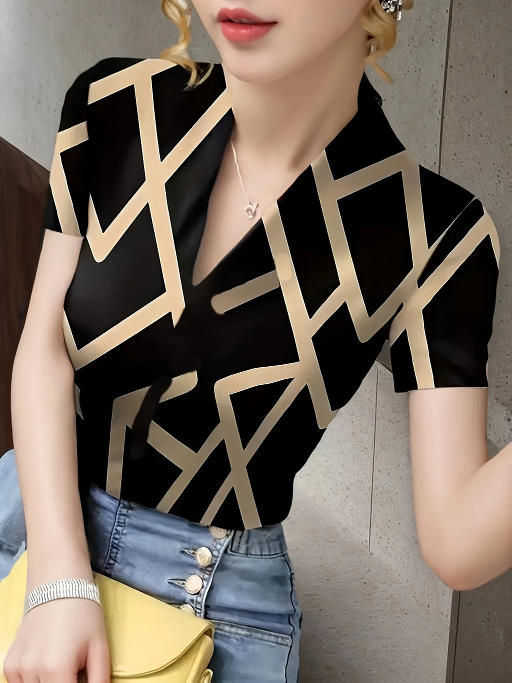 Women's V-Neck Short Sleeve T-Shirt - Slim Fit High Elasticity Ice Silky Polyester-Spandex Blend, Geometric Print Black & Golden Summer Top for Casual & Formal Wear, Ladies T Shirts