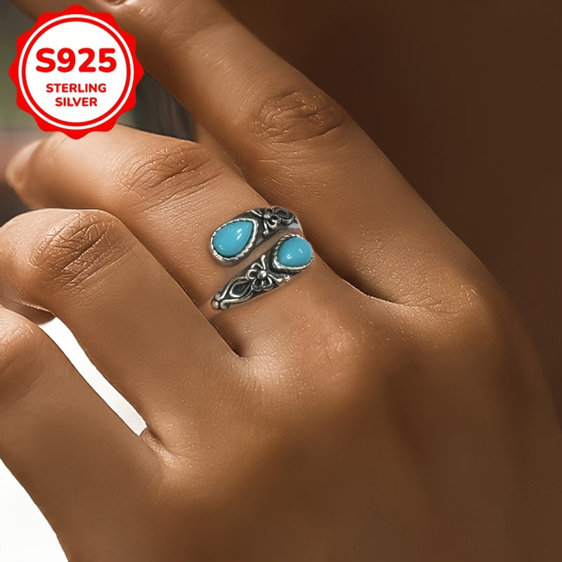 A pair of Women's rings, creative bow, inlaid synthetic turquoise spoon shaped ring, 925 Silvery 3g, daily wear, gift giving for women