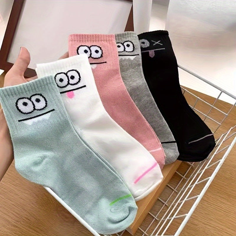 5 Pairs Women's Fun Cartoon Face Print Mid-Calf Socks - Soft Breathable All-Season Casual & Sports Socks with Assorted Colors & Playful Designs, Novelty Socks, Seasonal Wear, Comfortable Wear